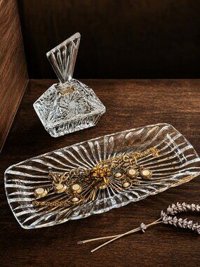 Vintage Vanity Set, Art Deco Crystal Tray and Lidded Trinket Box